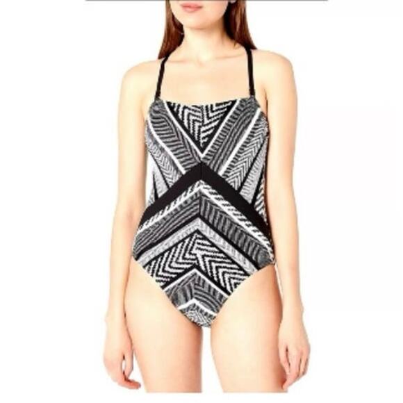 Kenneth Cole New York Womens Black/White Chevron One Piece Swimsuit sz Large L - Picture 8 of 11